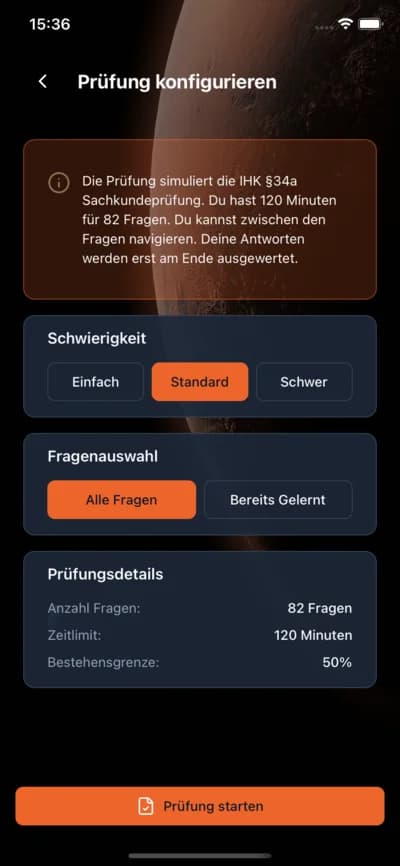 §34a Trainer Prüfungsmodus mit Timer und Fortschrittsanzeige