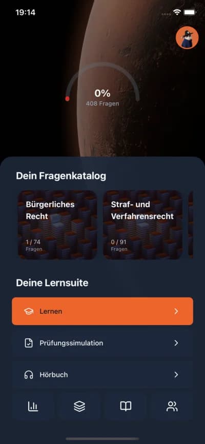 §34a Trainer App Startbildschirm mit Lernfortschritt und Fachgebieten