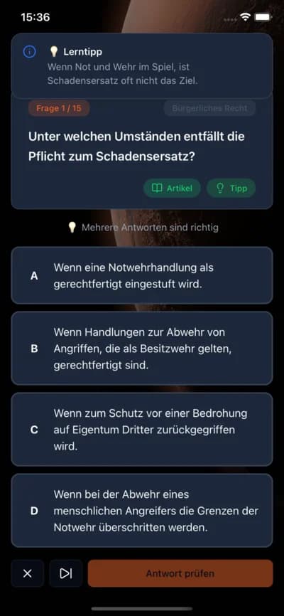 §34a Trainer Quiz-Frage mit Multiple-Choice Antworten und Erklärung